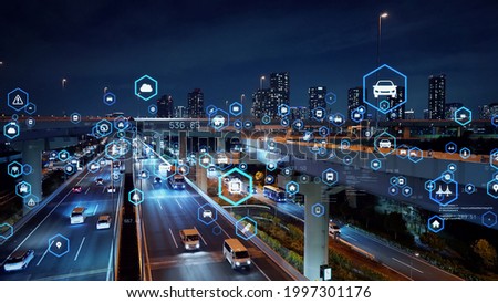Transportation and technology concept. ITS (Intelligent Transport Systems). Mobility as a service.Telecommunication. IoT (Internet of Things). ICT (Information communication Technology). Royalty-Free Stock Photo #1997301176