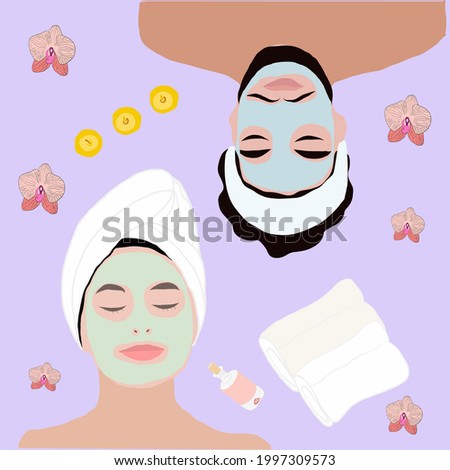 Relaxed Man and woman with facial mask in towel on his head. Concept of relaxation in SPA salon. man and woman in spa top view Vector colorful illustration with hand drawn text Royalty-Free Stock Photo #1997309573