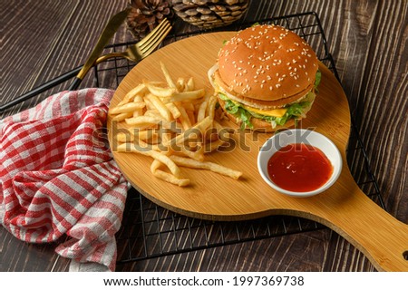 American homemade tasty beef burger with french fries