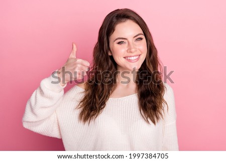 Photo of young attractive girl happy positive smile show thumb-up like cool advert advice isolated over pastel color background