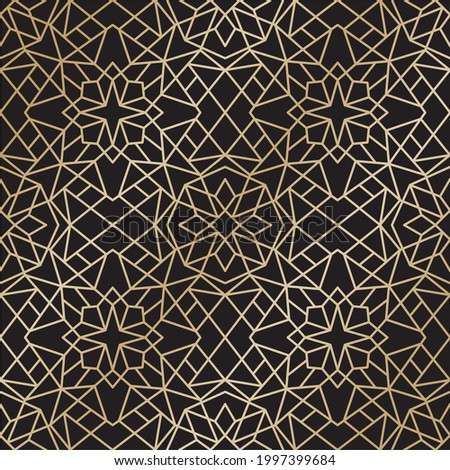 Vector seamless gold ornament on a black background. Pattern for the background. List of the walls of the mosque. Geometric lines