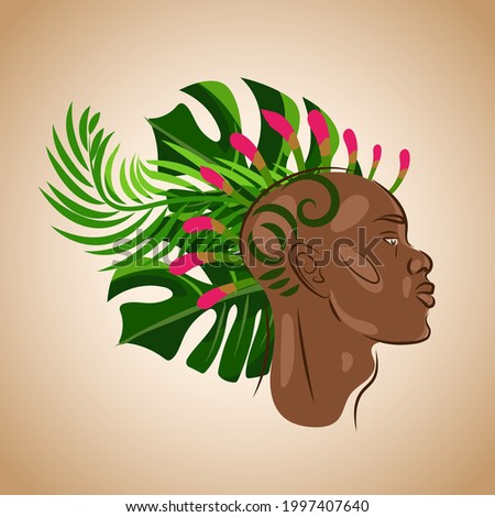 Profile portrait of an African man with a bouquet of tropical leaves and flowers. Creative art poster.