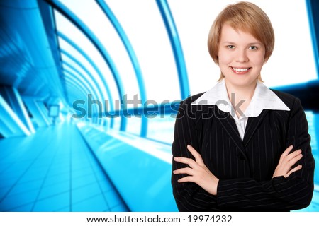 business woman on modern interior in blue