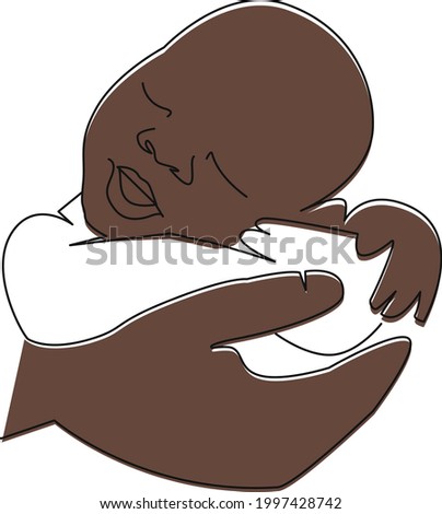 Newborn in fathers hands. Line art vector for banners, stickers