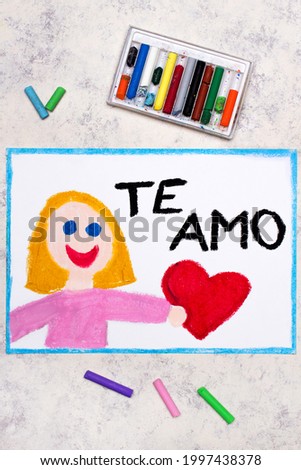 Colorful drawing: A smiling woman holds a red heart in her hand. Declaration of love with inscription in Spanish lanquage means I LOVE YOU