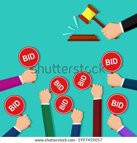 Hand holding auction paddle. Auction and bidding concept. vector illustration