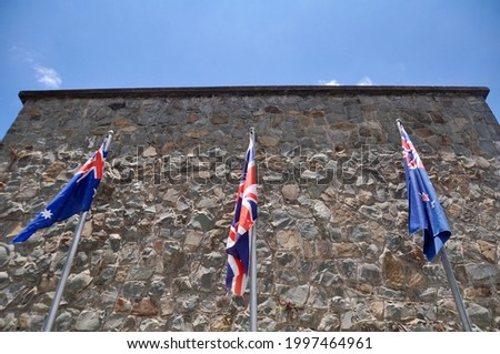 Flag of the Kingdom of England nation on pole at outdoor in garden of Kota Kinabalu in Borneo Kalimantan of Sabah state of Malaysia
