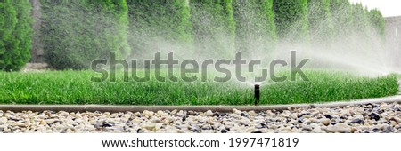 Sprinklers watering grass, green lawn in garden Royalty-Free Stock Photo #1997471819