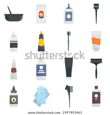Hair dye icons set. Flat set of hair dye vector icons isolated on white background