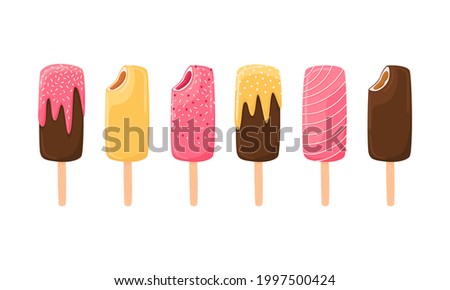 Ice cream set. Delicious colorful dessert. Popsicle, chocolate, banana, strawberry sundae with fruit topping. Summer elements for advertising, stickers, prints, sweet illustrations.