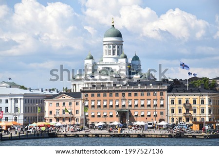 Helsinki Lutheran Cathedral And Marketplace From The Sea On A Sunny Summer Day