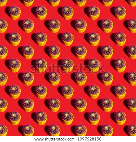 Round cactus seamless pattern in a yellow pot on a red background. For printing posters on fabric.