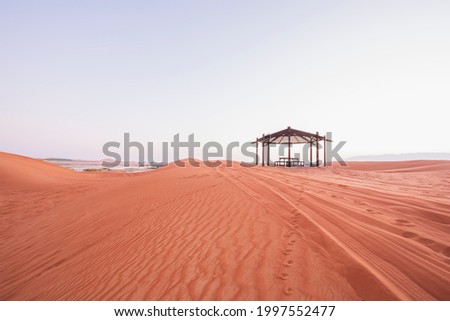 Desert camping and resting place with the lake and sand doom. sand pattern visible 