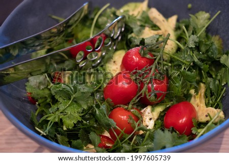 Fresh green mixed salad bowl with tomatoes. Healthy vegan home made  food. Tasty salad side dish.