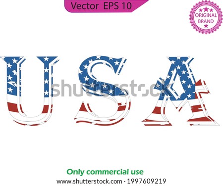 USA symbol. USA flag icon. USA flag in text. National emblem. Patriotic illustration. Word  American flag under it, distressed grunge look. Vector USA flag text. 