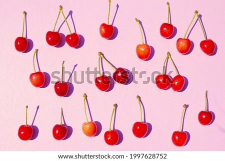 Ripe red sweet cherries on pastel pink background.