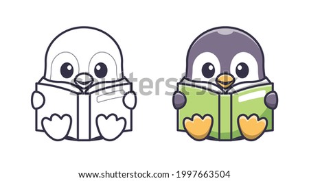 Cute penguin reading a book cartoon coloring pages for kids