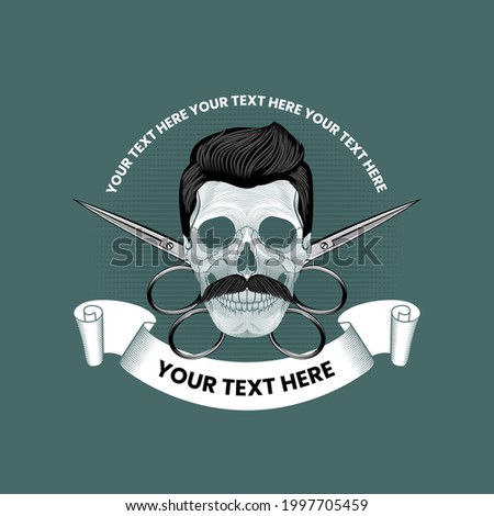 Skull with mustaches and crossed scissors. Barbershop emblem template in vintage style. Stock vector illustration.