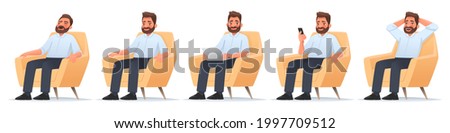 Happy bearded man sits in a chair. Businessman sleeps, works at a laptop, reads news in a smartphone, rejoices. Freelancer. Vector illustration in cartoon style Royalty-Free Stock Photo #1997709512