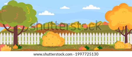 Horizontal banner with autumn landscape.Garden, backyard, farm at autumn timeTrees, bushes, grass, flowers, lawn, fence. Vector illustration in flat style.