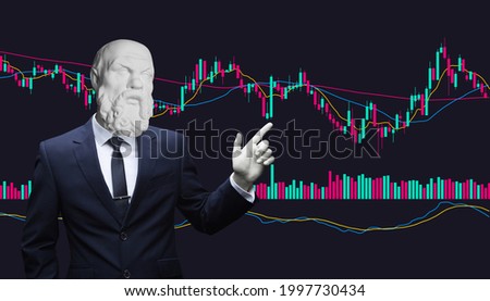 Collage of contemporary art. Photo of successful mature Socrates man in suit and tie advertising and pointing finger on golden bitcoin isolated over dark gray background. The man in a suit.