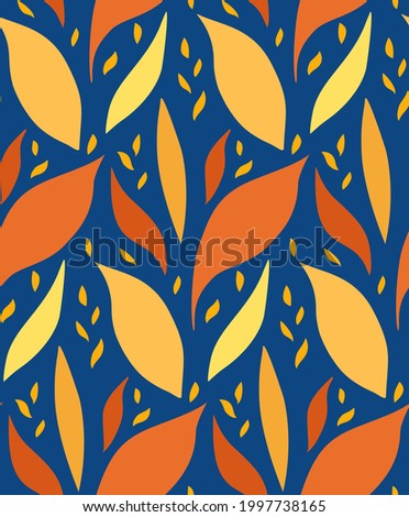 Seamless retro pattern with silhouettes of petals. Texture with orange and yellow leaves on a blue background. Contrast vector wallpaper with falling leaves. Natural decorative fabric