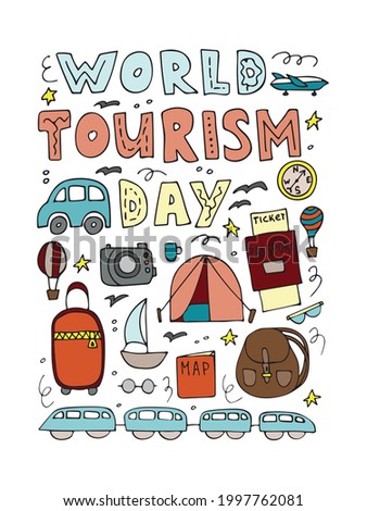 World tourism day, doodles. Hand drawn set of tourism elements. Card, poster, banner, background.