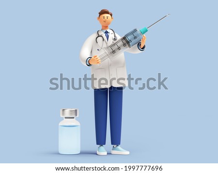 3d render. Doctor or pharmacist cartoon character holds syringe with vaccine against the virus. Medical clip art isolated on blue background. Immunization concept