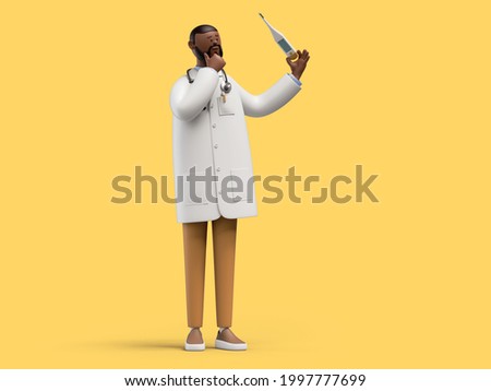 3d render. African cartoon character doctor standing and thinking, holding thermometer. Medical clip art isolated on yellow background