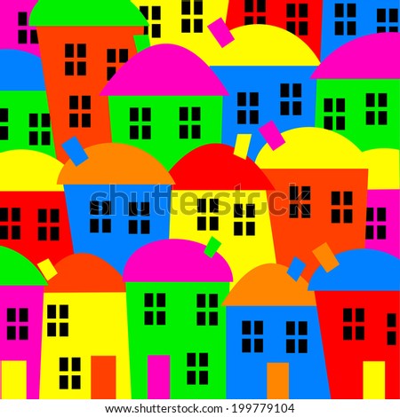 Simple and colourful clip art of a community of village houses.