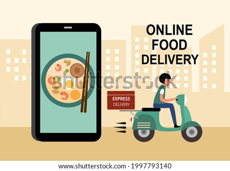 Online food order and food delivery service concept vector illustration. Asian food or noodle online ordering. Design for landing page, web, mobile app, poster, flyer.