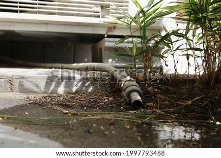 A drain hose that drains condensation water from an air conditioner. Royalty-Free Stock Photo #1997793488