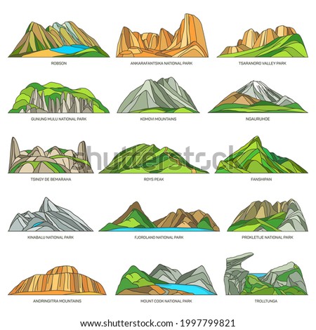 Wonderful tourist sightseeing of mountains and rocks, valleys. Linear icons of world natural landmarks. Vector landscapes set. Kinabalu, Fjordland, Prokletije, Mount Cook national parks. Royalty-Free Stock Photo #1997799821