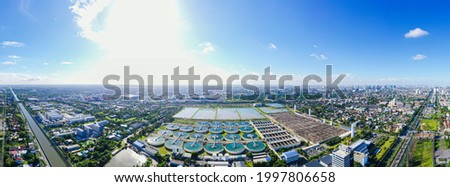 Aerial view of metropolitan waterworks authority. Drinking Water Treatment aerial top view of Microbiology of drinking water production and distribution, Panorama Royalty-Free Stock Photo #1997806658
