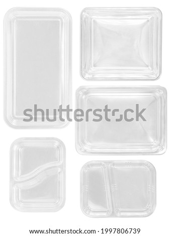 Top view different types of white trays isolated on white background - white plastic trays - trays food - microware trays Royalty-Free Stock Photo #1997806739