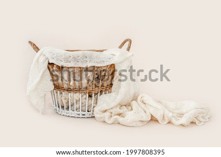 Beautiful basket furniture for newborn studio photoshoot with fur and knitted blanket. Tiny designed place for infant photo isolated on light background