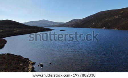 Aerial drone view of loch Builg in the Cairngorm national park, Scotland.
