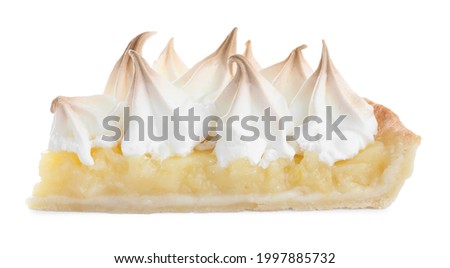 Piece of delicious lemon meringue pie isolated on white