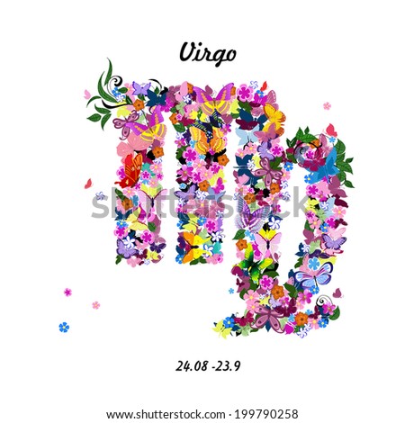 Pattern with butterflies, cute zodiac sign - virgo