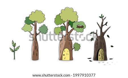 Life of a tree, from sapling to dead tree. Vector illustration. tree house.