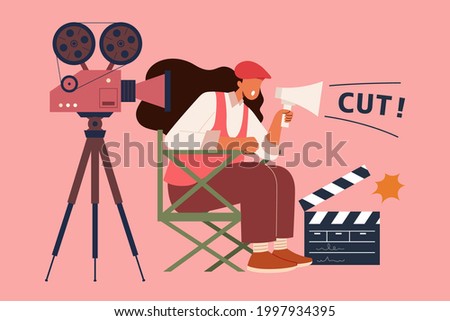 Female film director at work. Flat style illustration of a woman director using megaphone and shouting cut while recording filmin the movie making process Royalty-Free Stock Photo #1997934395