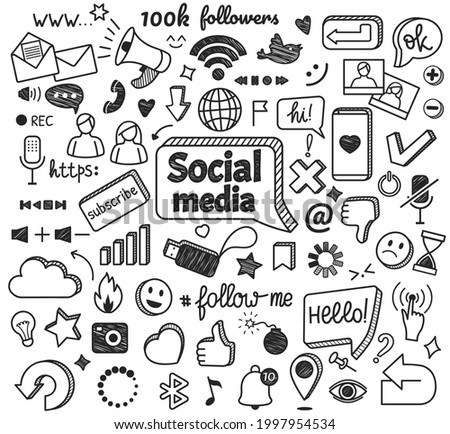 Social media doodles. Hand drawn internet and network sketch symbols. Digital marketing, blogging, online communication doodle sign vector set. Message or chat icons with sta, cloud, smile Royalty-Free Stock Photo #1997954534