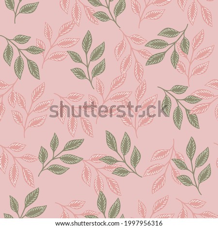 Spring seasonal seamless pattern with random leaf foliage shapes print. Pink background. Organic backdrop. Flat vector print for textile, fabric, giftwrap, wallpapers. Endless illustration.