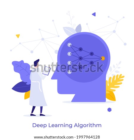 Scientist looking at head with connected nodes inside. Concept of deep learning algorithm, neural network, artificial intelligence, data science. Modern flat vector illustration for poster, banner. Royalty-Free Stock Photo #1997964128