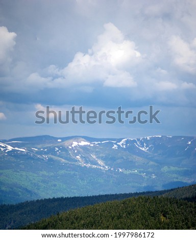 Spring mountains in the snow on the background of a green forest. Beautiful panorama of the Carpathian mountains in Ukraine.