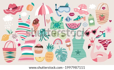 Beautiful  summer set  with   funny elements - fruits, food, tropical flowers, colorful exotic leaves, plants  Art modern fashion  summer set elements  for posters,  cards  Vector illustration 