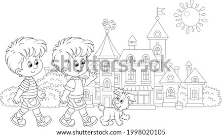 Happy little boys friendly smiling, talking and walking with their merry pup along a pretty street of a small town on a sunny summer day, black and white outline vector cartoon illustration