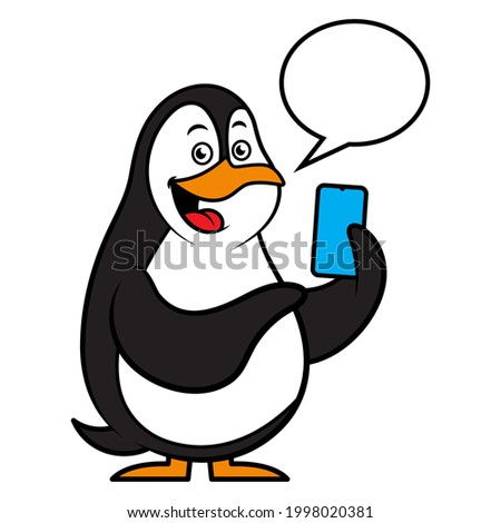 Cartoon illustration of Penguin pointing hand to a smartphone with bubble chat, suitable for mascot or logo for smartphone application