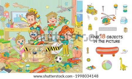 Find 18 objects in the picture. Hidden objects puzzle. Children play in a time machine. Funny cartoon character  Royalty-Free Stock Photo #1998034148