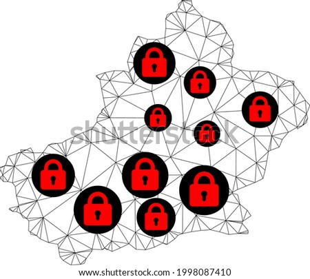 Polygonal mesh lockdown map of Xinjiang Uyghur Region. Abstract mesh lines and locks form map of Xinjiang Uyghur Region. Vector wire frame 2D polygonal line network in black color with red locks.